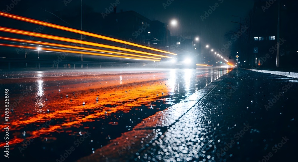 Streaking lights on wet road at night, car trails in urban environment