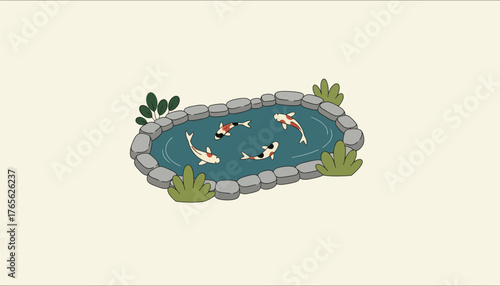 Koi fish swimming calmly in a stylized rocky pond with green plants, creating a tranquil, minimalist japanese garden scene on a pale background for zen and nature themes
