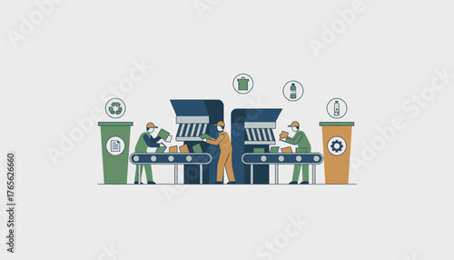 Factory workers in masks and uniforms sorting waste materials on conveyor belts, contributing to sustainability, waste management, and recycling processes on a transparent background