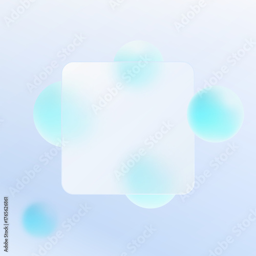 Frosted glass-style panel with rounded corners and translucent blue spheres on a soft gradient background.
