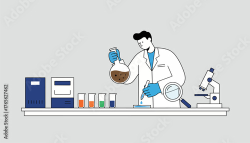 Scientist in a lab coat and gloves holding a flask with a brown substance, pipetting a sample onto a petri dish, surrounded by laboratory equipment like a microscope and beakers