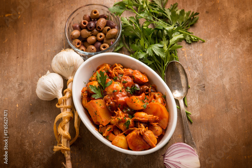 squid with tomato sauce olives and potatoes