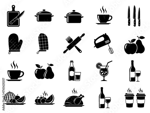 Vector art of cooking and kitchenware vector icons set utensils, food, and drinks for culinary