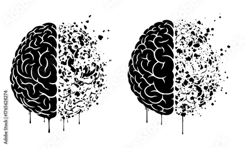 Vector art of two brains are shown with a disintegration effect, symbolizing memory loss, cognitive decline, and neurological damage