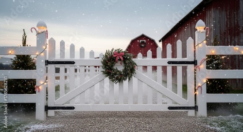 Snowy rural gate with a festive wreath and garlands, twinkling lights along white fencing, a red barn in the background. A quiet, frosty dawn scene, peaceful and inviting in holiday glow. Warm glow