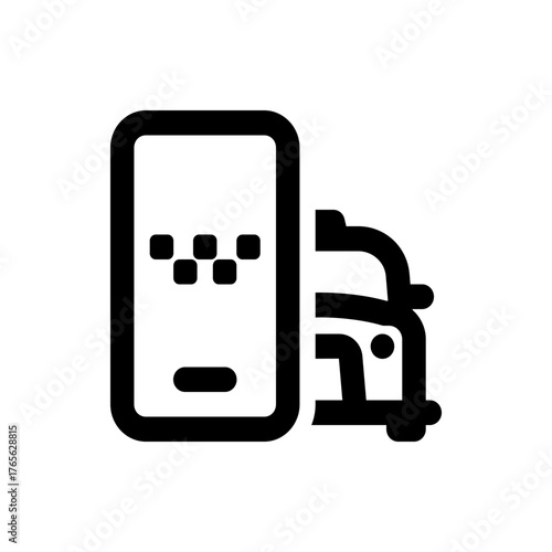 Illustration of a mobile phone with a taxi app interface next to an outlined taxi vehicle graphic icon
