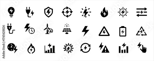 Clean electricity and energy icons set for eco power, renewable and sustainable design