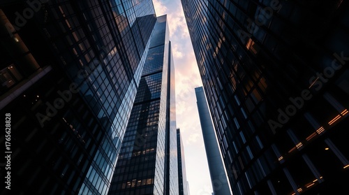Reflective skyscraper business office buildings. Bottom up view of big modern city urban landscape