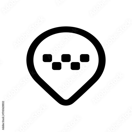 Location pin icon with taxi top view symbol in black outline design representing transportation services