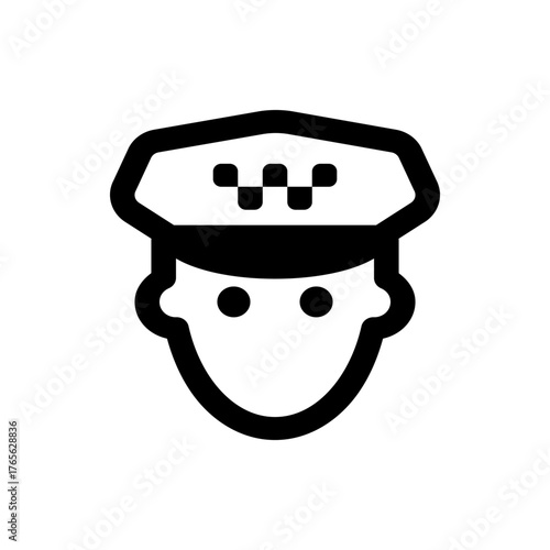 Illustration of a taxi driver with a hat and a simple face design in black and white outline style