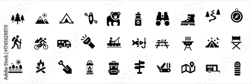 Camping and outdoor adventure icon set for travel, hiking, and nature design projects