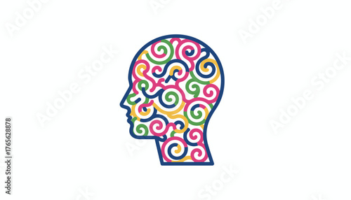 Human head profile showing colorful swirl patterns inside, symbolizing intricate thinking, imagination, mental health, and artistic inspiration against a transparent background