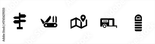 Camping and outdoor adventure icon set for travel, hiking, and nature design projects