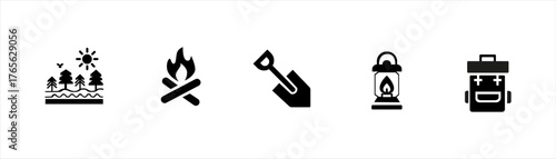 Camping and outdoor adventure icon set for travel, hiking, and nature design projects