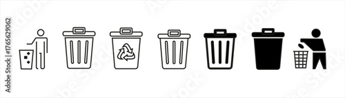 Minimal recycle and trash bin icons for eco design, sustainability and waste sorting themes