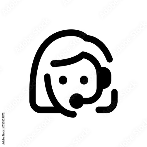 Illustration of a woman with a headset, depicted in a simple black and white outline style graphic icon