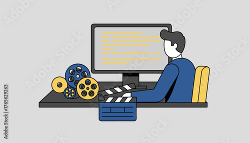 Person editing video footage on a computer, surrounded by production elements like film reels and a director's clapperboard, symbolizing post production and filmmaking