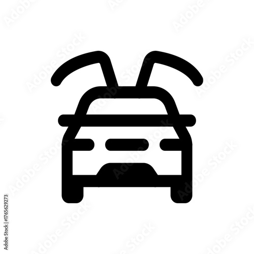 A minimalist depiction of a car with open doors viewed from the front in a simple black and white design