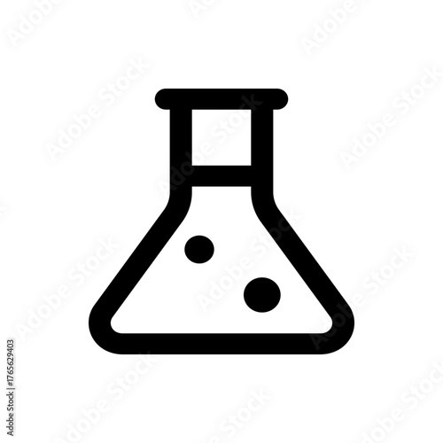Illustration of a black outlined erlenmeyer flask containing a liquid with two bubbles inside on a white background