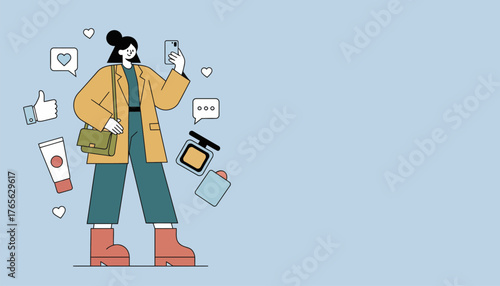 Woman standing and holding a smartphone, taking a selfie or recording a video for social media about beauty, cosmetics and fashion, with various related icons and products floating around her