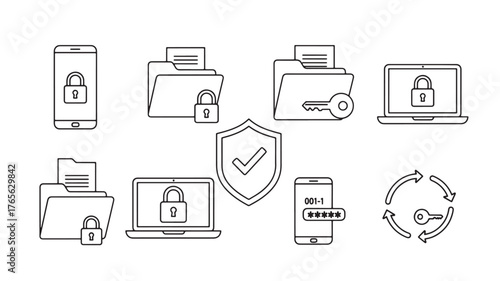 Set of security icons thin line vector illustration for data protection isolated on white 