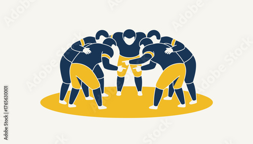 Football players forming a huddle, discussing tactics and planning their next move on the field, symbolizing strong teamwork, communication, and strategy in sports