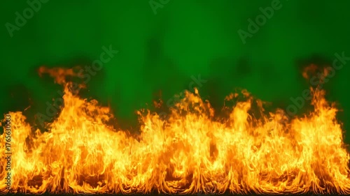 A wide, low angle shot of a wall of fire burning intensely against a vibrant green screen background, with smoke rising