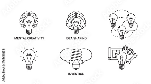 Set of light bulb icons representing ideas innovation and mental creativity simple line ar