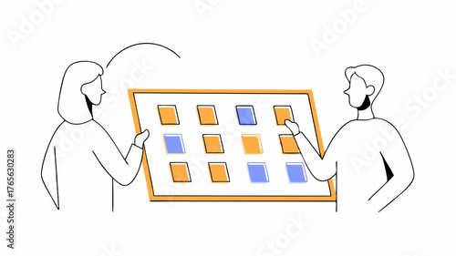 A series of sticky notes organized by color on a corkboard reflecting the contributions of various individuals overlaid with a diverse group of participants discussing the next