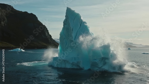 A large iceberg calving in a fjord, releasing water and mist into the surrounding sea.