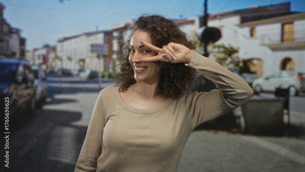 Fototapeta premium Woman holds two fingers in a v sign by her eye on a sunny urban street with parked cars and cobblestone pavement visible; playful curiosity.