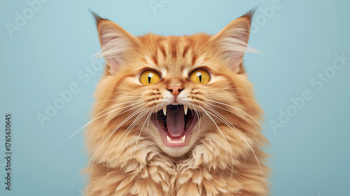 Ginger cat expressing ferocious emotion, mouth wide open in a roaring expression, displaying sharp teeth, perfect for pet food ads and funny animal memes