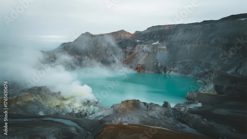 A volcanic crater lake with turquoise water surrounded by rugged terrain and steam emissions