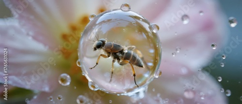 A bee trapped inside a water droplet on a flower petal