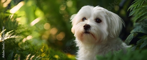 The cute maltese dog basking in cozy rays inside a green backyard.