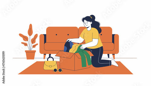 Woman packing clothes into a cardboard box for donation, decluttering and organizing belongings at home while preparing to move or give away items, white background, cheerful feel