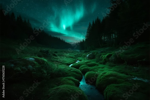Aurora borealis illuminates a moss-covered forest stream at night