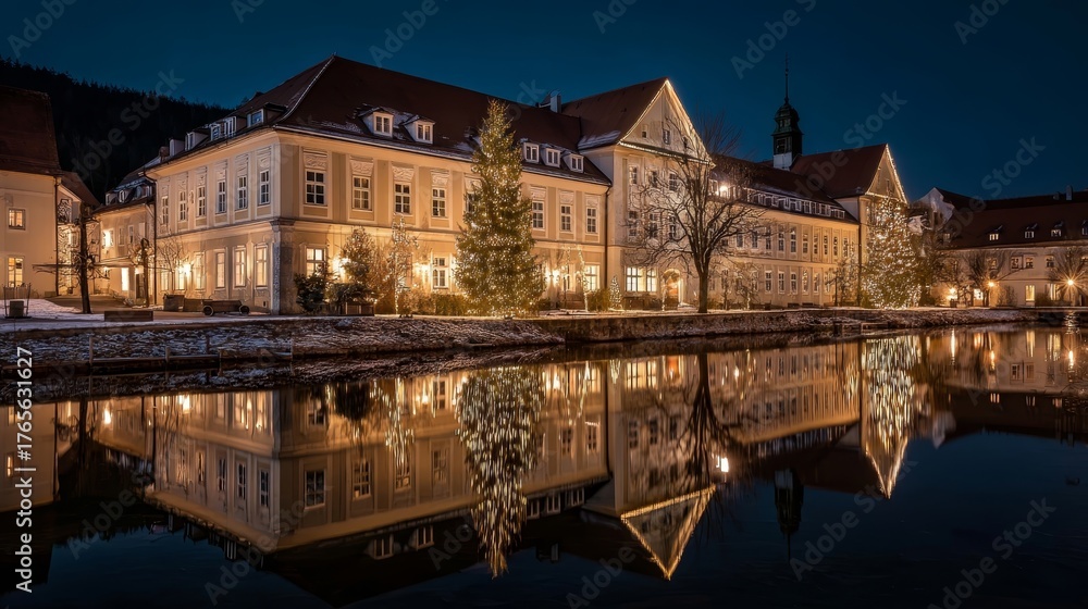Fototapeta premium Serene Night View of Historical Building by Reflected Water Surface