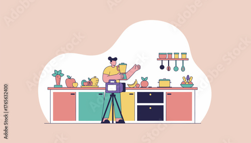 Food blogger filming a cooking show in a bright modern kitchen, blending a healthy fruit and vegetable smoothie for online tutorial and social media content creation
