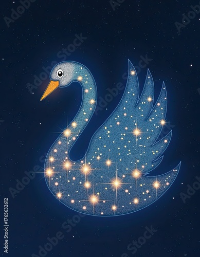 A luminous swan constellation shimmers with bright golden stars, gracefully floating in the deep expanse of the night sky.