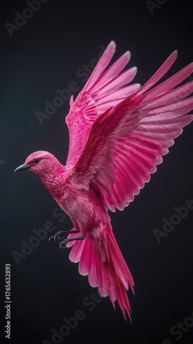 Stunning pink bird takes flight against a dark background, showcasing vibrant feathers and graceful wings
