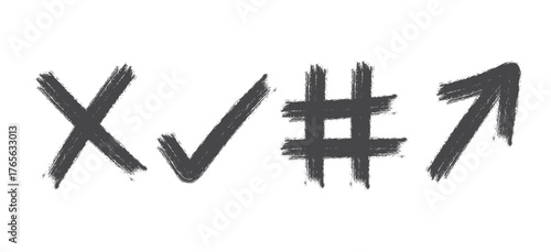 Grungy Brush Stroke Hand Drawn Symbols Set: Checkmark, X Mark, Hashtag, and Arrow Icons Vector