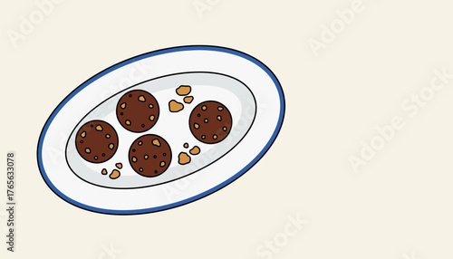 Falafel balls on a white oval plate with blue trim, featuring a simple flat cartoon drawing style representing a crunchy vegetarian deep fried dish made from ground chickpeas