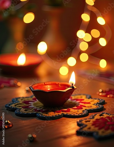 A warm clay oil lamp glows on a wooden table, adorned with festive patterns and soft bokeh lights.