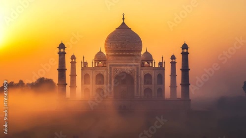 Taj Mahal at sunrise in golden mist