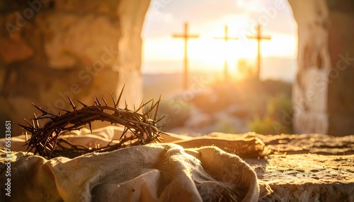 Crown of thorns resting on cloth with crosses in sunlight symbolizing sacrifice redemption faith and Easter traditions tied to hope and resilience in Christian culture