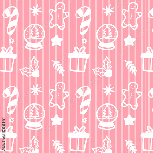 Seamless pink Christmas pattern with candy canes, gingerbread men, holly leaves, snow globes, stars and gift boxes. Cute flat festive background for wrapping paper, textiles or holiday design project