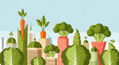 Urban farming concept showing vegetables growing on city buildings and skyscrapers