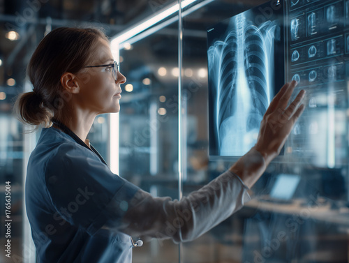 Young woman doctor looking at x-ray image of lungs in hospital