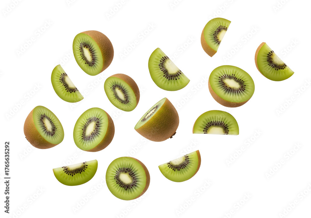 Fototapeta premium Dynamic Composition of Fresh Kiwi Slices and Whole Fruits Floating, Isolated on White Background. Healthy Tropical Fruit.